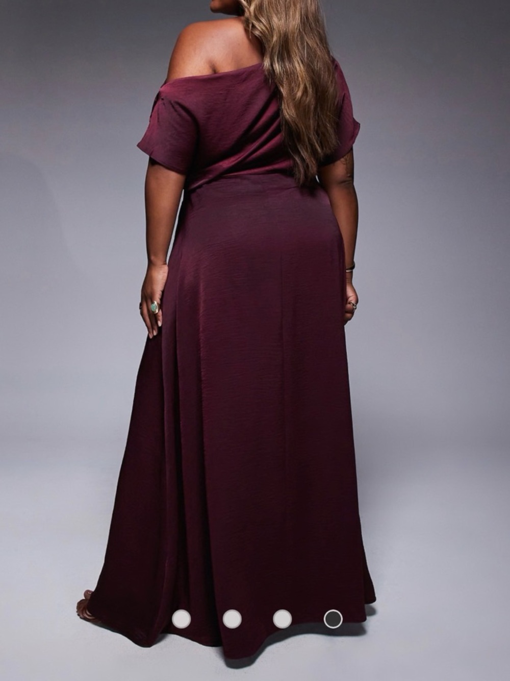 ASOS Design Curve Satin Off-Shoulder High Slit Maxi Dress in Burgundy Size 14 - Picture 3 of 8